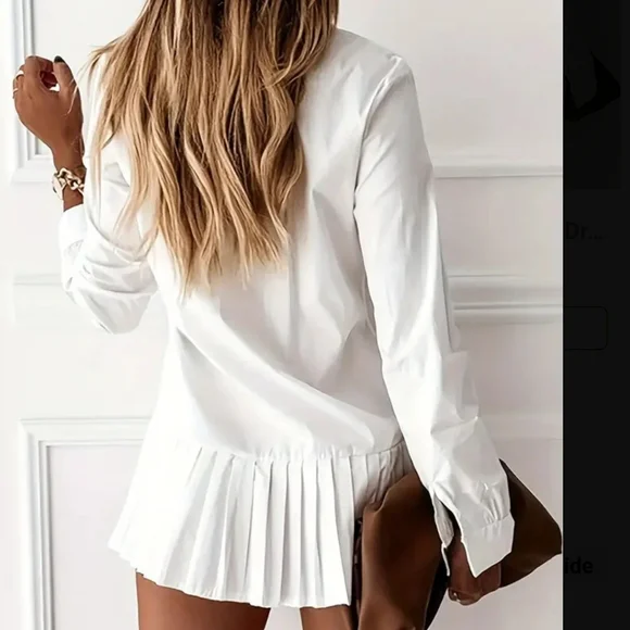 Amazing pleated shirtdress drop waist button down front. Crisp white. - Picture 2 of 3
